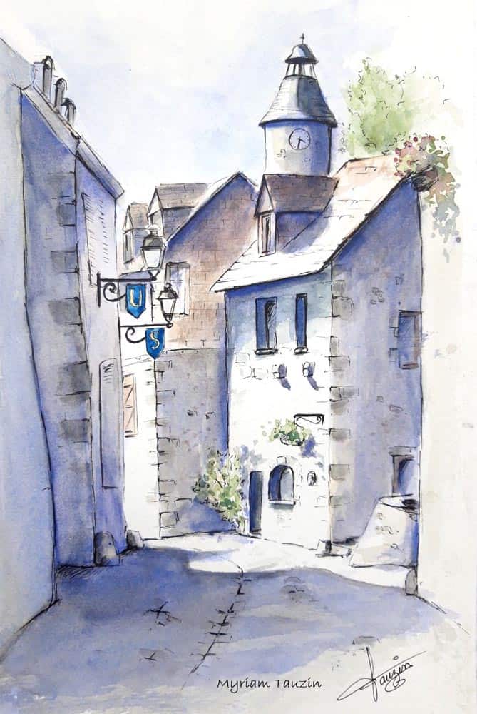 Aubusson : la tour de l'horloge vue de la rue vieille - signé